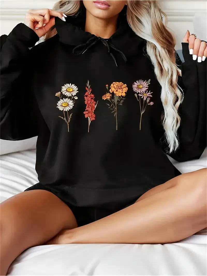 

Women's Plus Size Floral Graphic Hoodie Black Beige Relaxed Fit Drop Shoulder Sweatshirt With Kangaroo Pocket Soft Long Sleeve