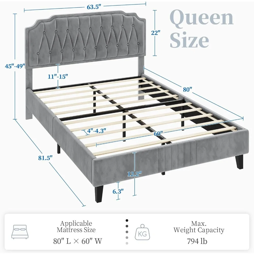 Queen Bed Frame Velvet Upholstered Platform Bed with Curved Headboard, Height-Adjustable Headboard/Noise-Free