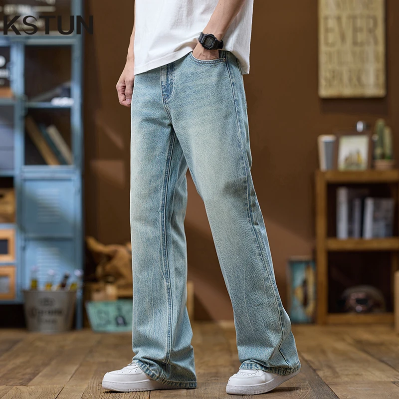 

KSTUN Flared Jeans Men Bootcut Denim Pants Loose Streetwear Light Blue Men's Trousers Mens Clothing 2025 Spring Quality Brand