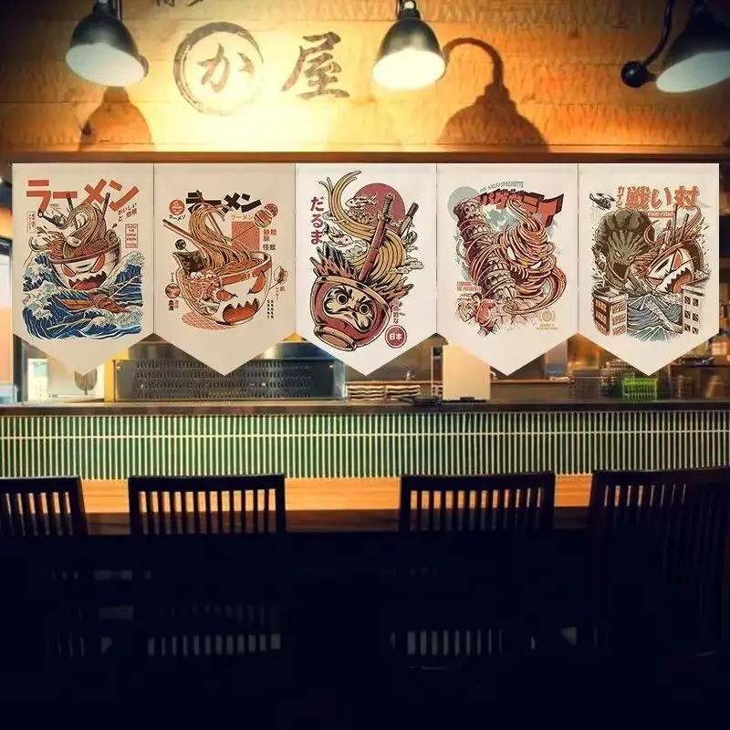 VIKAMA Japanese Ramen Triangle Banner Noodle Daruma Print Pennant Flags Hanging Decoration Restaurant Sushi Bar Izakaya Wall