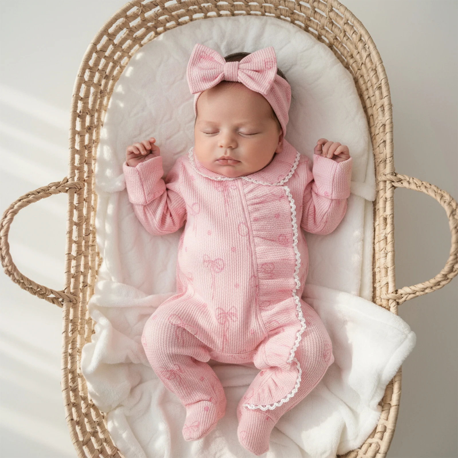 Newborn Baby Girls Waffle Footies Romper Bow Print Long Sleeve Zip Up Footed Jumpsuit with Headband Baby Sets