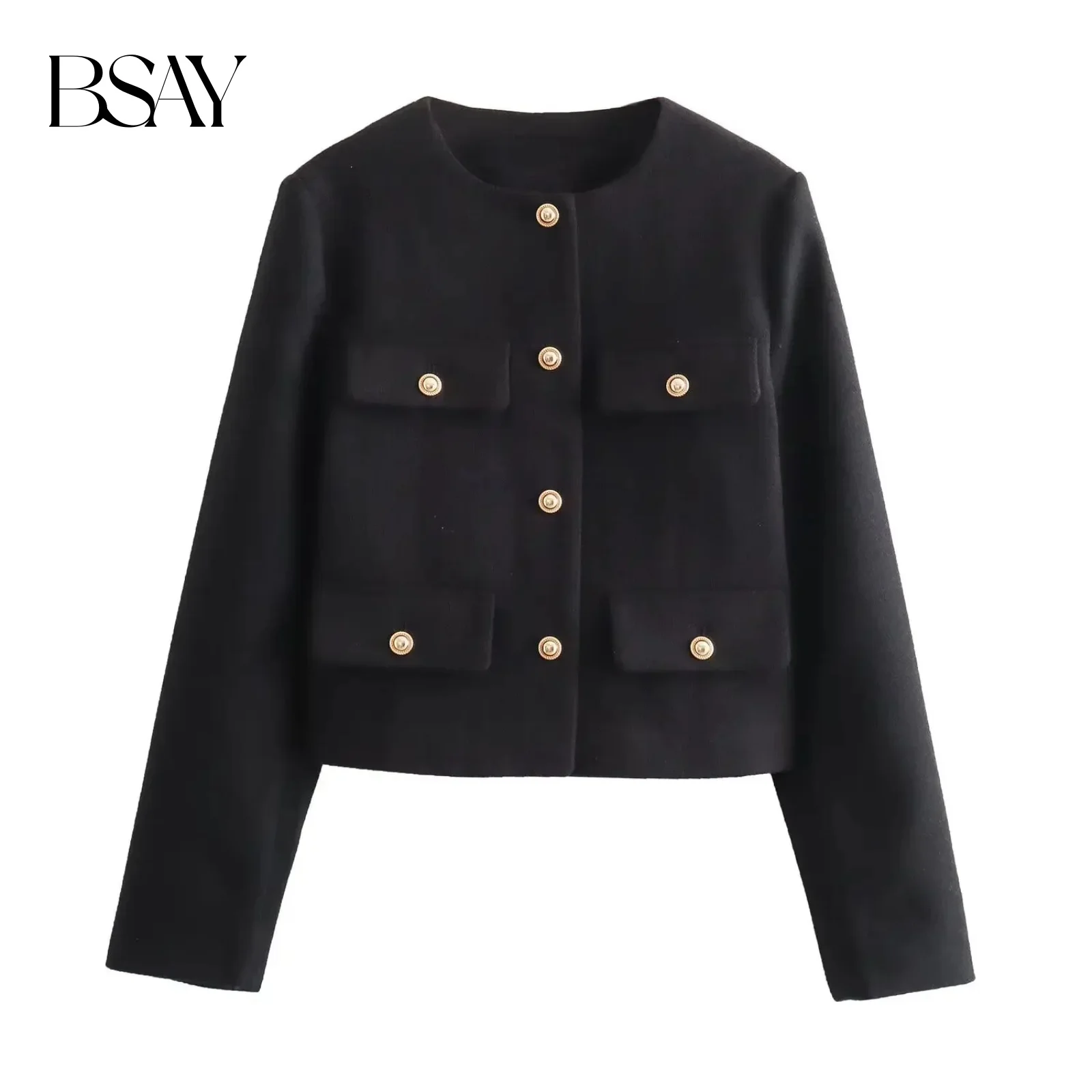 BSAY 女性ファッション秋冬シングルブレストテクスチャードラウンドネックフリップポケットショートジャケットコートシックなレディーストップス Mujer