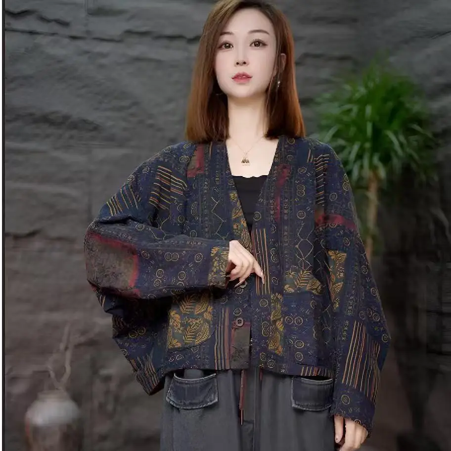 

Vintage Printed Jacket Spring Autumn Women Coat Design Single-breasted Cardigan Boho-chic Short Outerwear Clothes Trendy