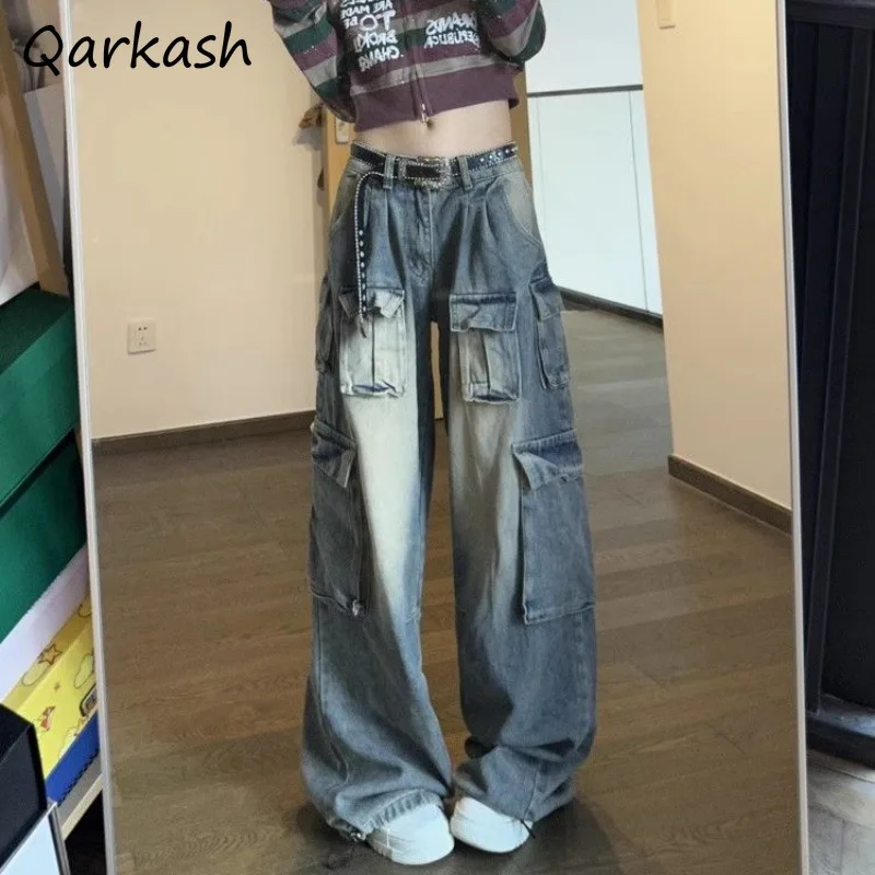 

Jeans Women Spring Autumn Multiple Pockets Low Waist American Retro High Street Fashion Washed Distressed Wide Leg Trousers