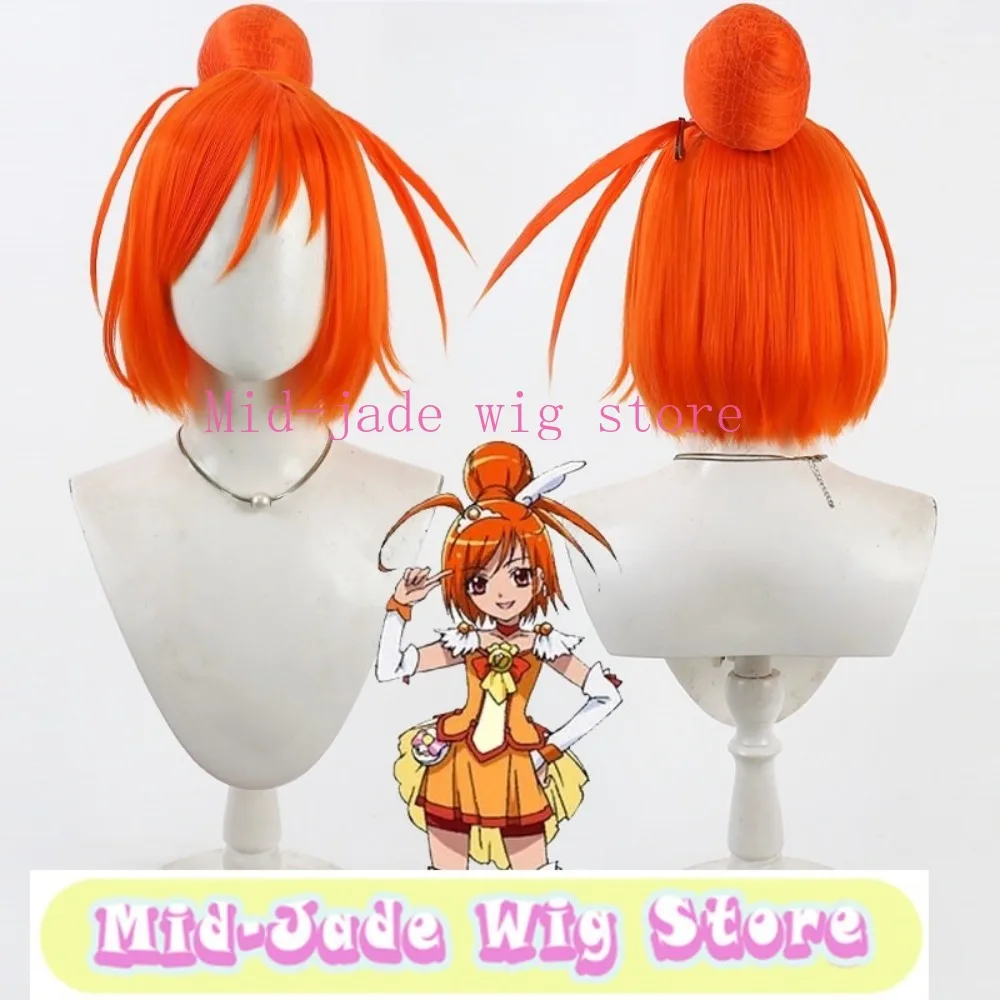 Smile PreCure Akane Hino Cosplay Wig Heat Resistant Fiber Orange Hair with Detachable Bun for Anime Expo Show Dress Up