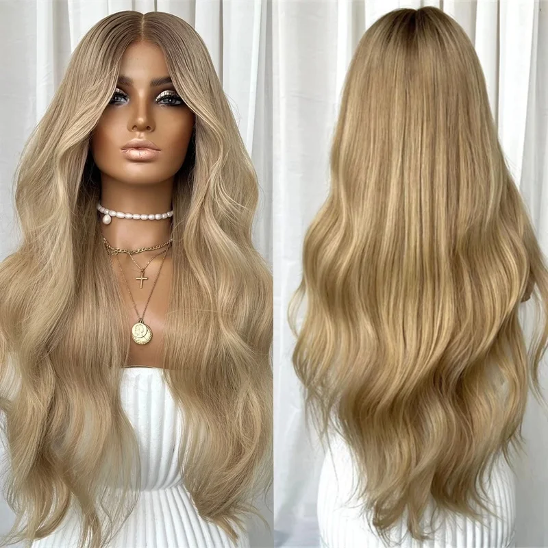 Ombre Golden Brown HD Invisible Synthetic Lace Front Wig Original Factory Wig Highlights Glueless 30 Inch Super Long Wave Wig