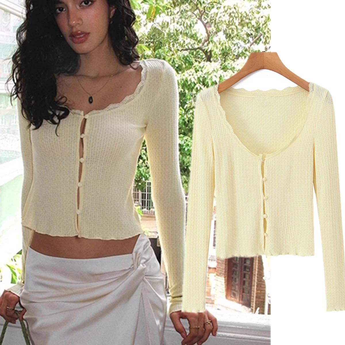 

Maxdutti Fashion Girls Minimalist Sexy Lace Cotton T-shirt Autumn Casual Tops Long Sleeve T-shirt Woman Clothes Female Clothing