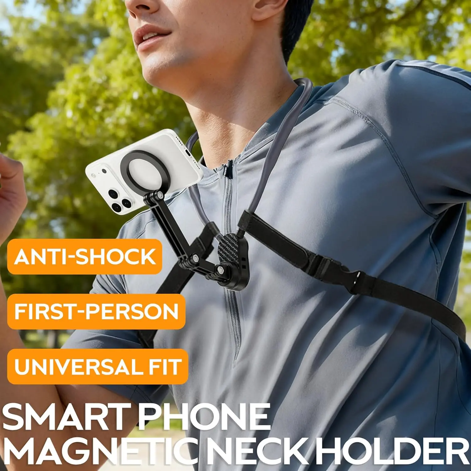 Magnetic Neck Phone Holder, POV/Vlog Recording Selfie Hand Free Neck Mount, Cooking/Riding Video Fliming, Anti-Shake Chest Strap