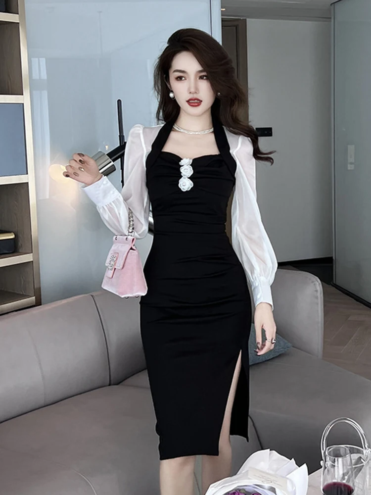 

Spring Autumn Elegant Women Evening Dress Vintage Sexy Square Collar Bodycon Midi Dresses Party Gown Mujer Robe Vestidos Fiesta