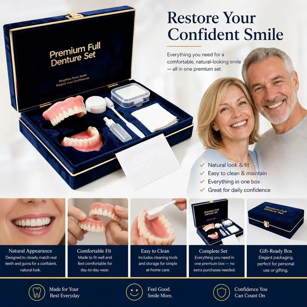 Natural Cosmetic Denture Kit - Realistic Upper & Lower Teeth Set, Cleaning Tools, Instant Smile Veneers, Comfort Fit Daily Wear