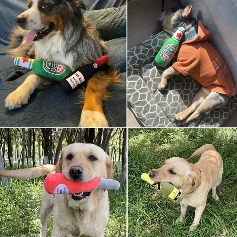 Lustige Plüsch-Hundespielzeuge in Bierflaschenform für kleine und große Hunde, Quietschspielzeug zur Zahnpflege, Kauspielzeug, interaktives Spielzubehör für Haustiere – Detail 3