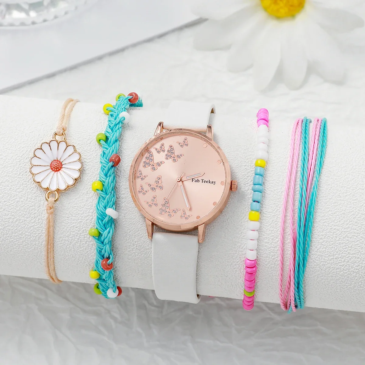 

Простой и стильный женский кварцевый ремешок с круглым циферблатом, цветной браслет, набор из 5 штук, подходит для повседневного ношения, Рождественский gif