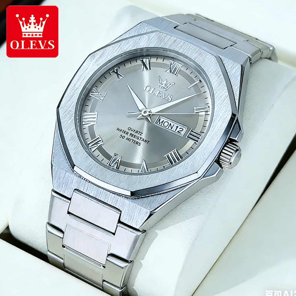 OLEVS Men's Watches Classic Fashion Fine Steel Octagonal Dial Original Quartz Wristwatch for Man Waterproof Calendar Luminous