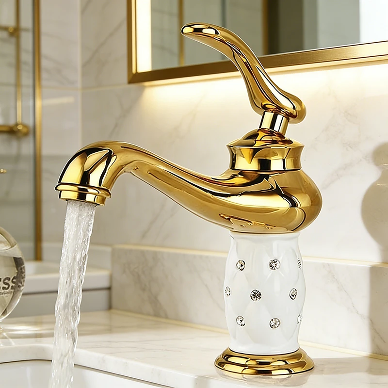 

Новый роскошный золотой смеситель для раковины из латуни с кристаллами, однорычажный, для горячей и холодной воды. YT-5045