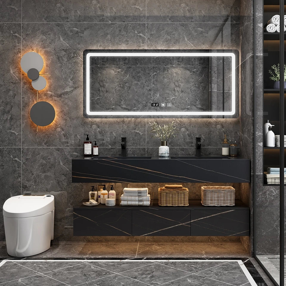 

Solid Wood Bathroom Furniture Black Marble Luxury 60 Inch Double Sink Vanity