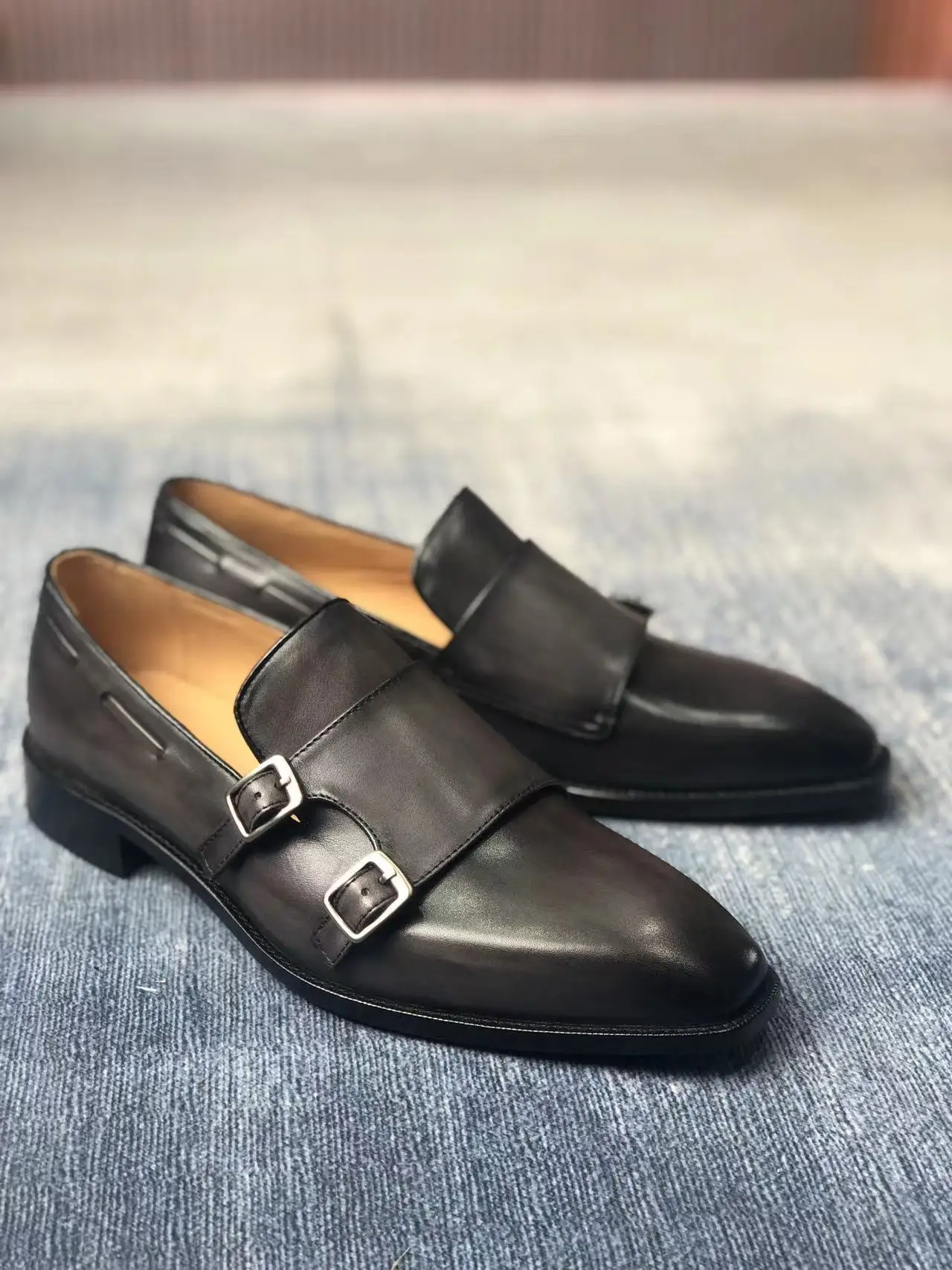 Cie ML11 Plain Square Toe Monk Style Loafer Men Classic Leather Outsole Breathable Shoe Black Stitched Custom Color & Size