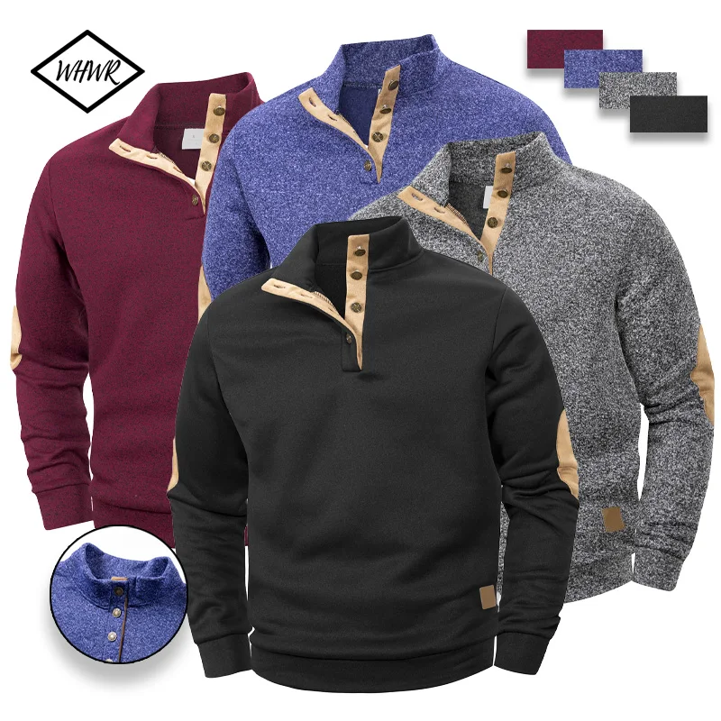 

Новые мужские повседневные толстовки, повседневные пуловеры с длинными рукавами и воротником-стойкой на пуговицах, осенняя уличная одежда для мужчин
