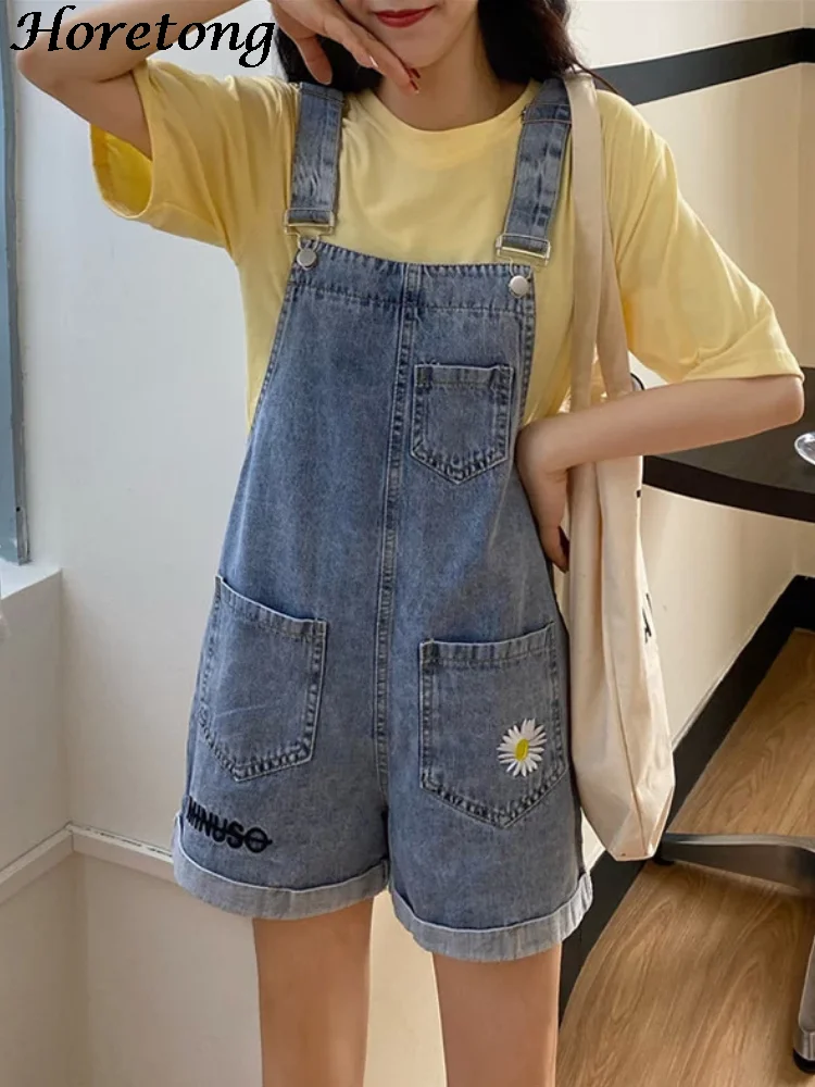 Horetong-Letter Flower Embroidery Denim Shorts for Women, Loose Rompers Thin Wide Leg Pants,Casual Summer Jumpsuit Korean Fashio