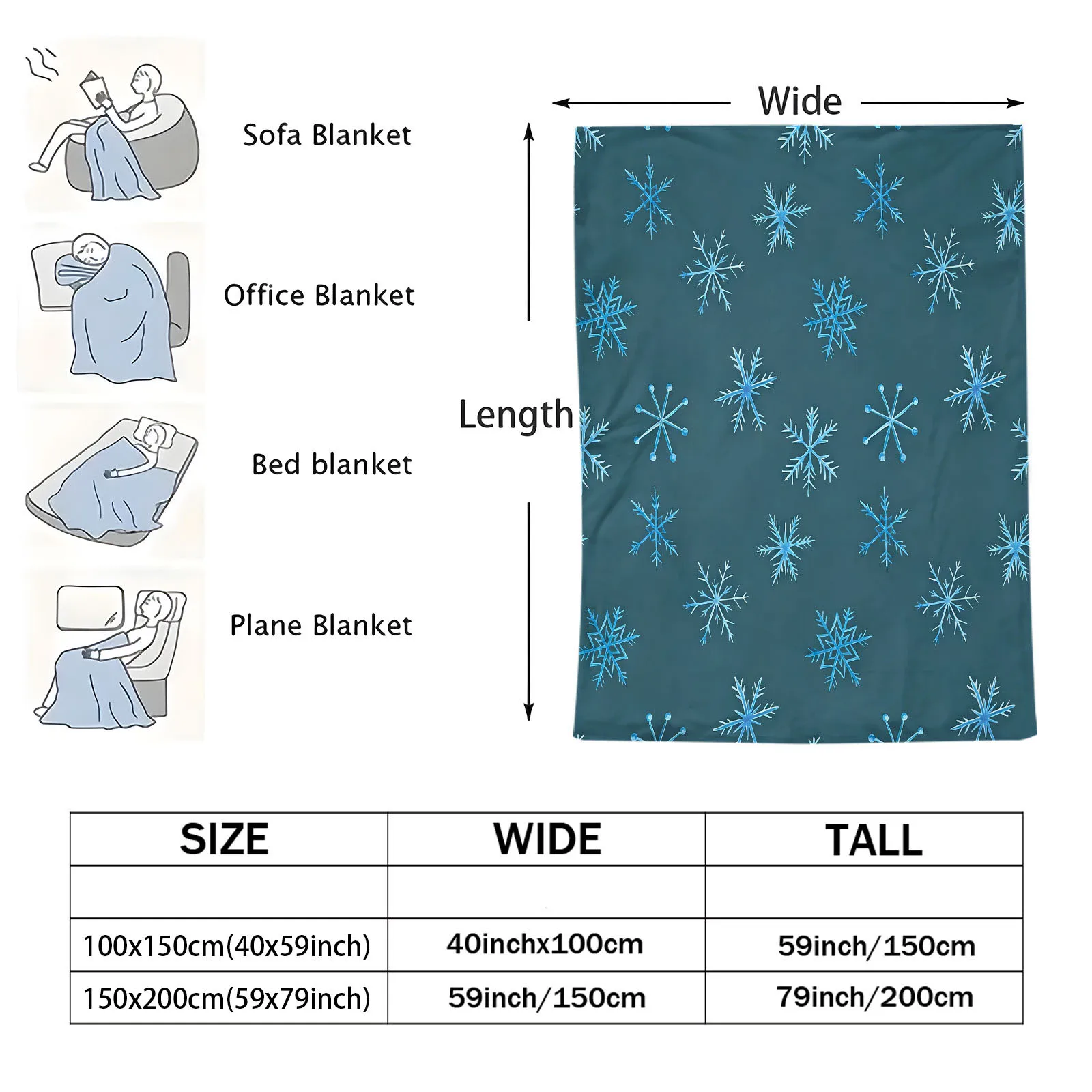 Dark Teal Blue Snowflake Print Flannel Throw Blanket Super Soft Warm Plush Blanket Winter Christmas Blanket Xmas Holiday Gift