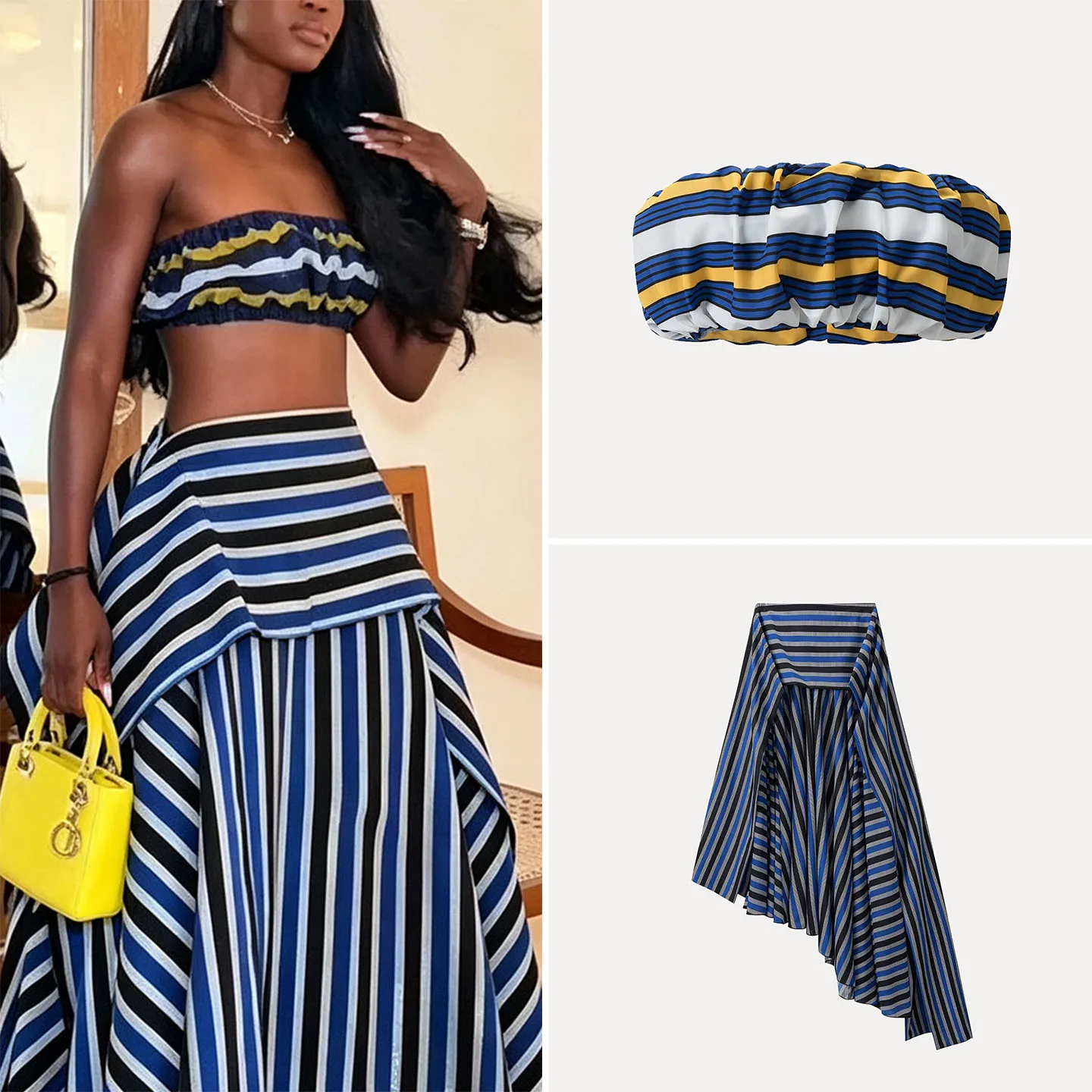 Fashionable Short Strapless Stripe Skirt Set Women's Autumn 2026 Half Skirt Set Large Swing Two-Piece Suit Zadata Brand