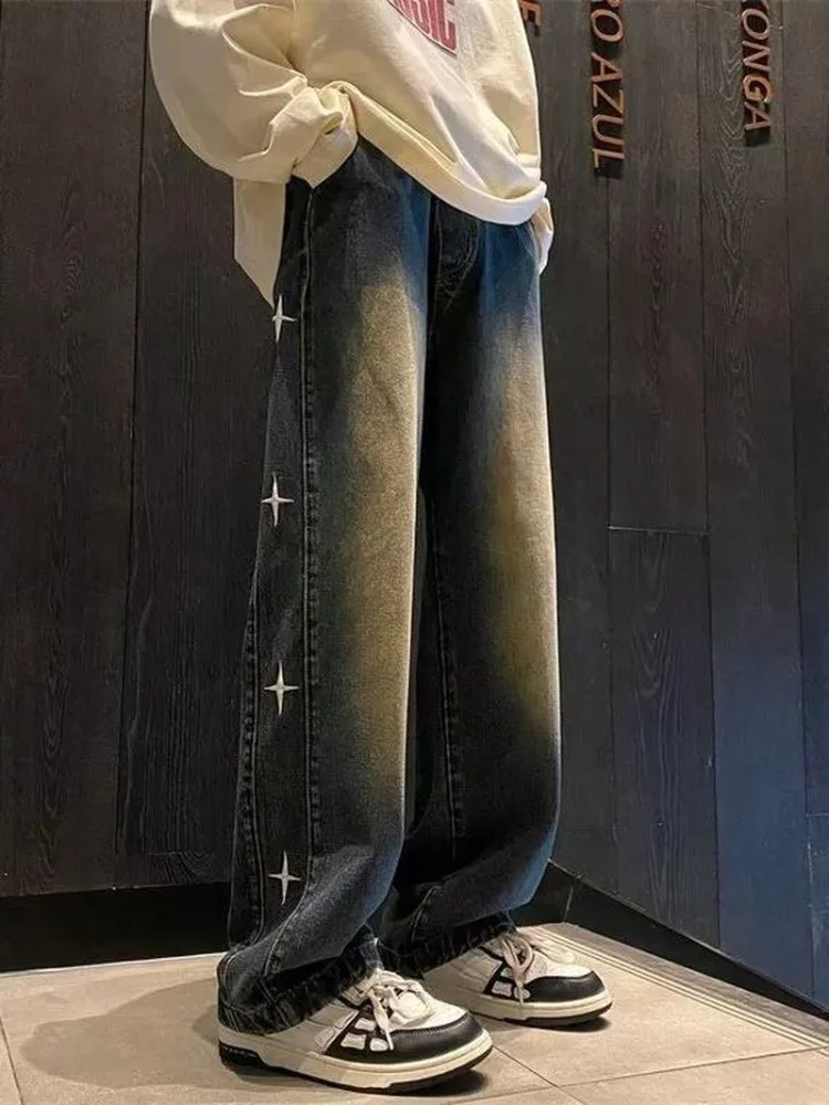 

Foufurieux 2024 Autumn American Retro Men Trendy Shaped Graphic Design Straight Leg Jeans Loose Hip-hop Wide Leg Casual Pants