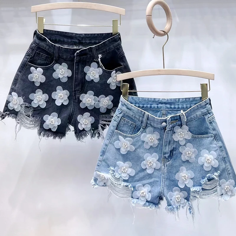 Embroidered Ripped Three-Dimensional Flower High Waist Denim Shorts Women's Summer New Loose Slimming Wide Leg Short Booty Pants