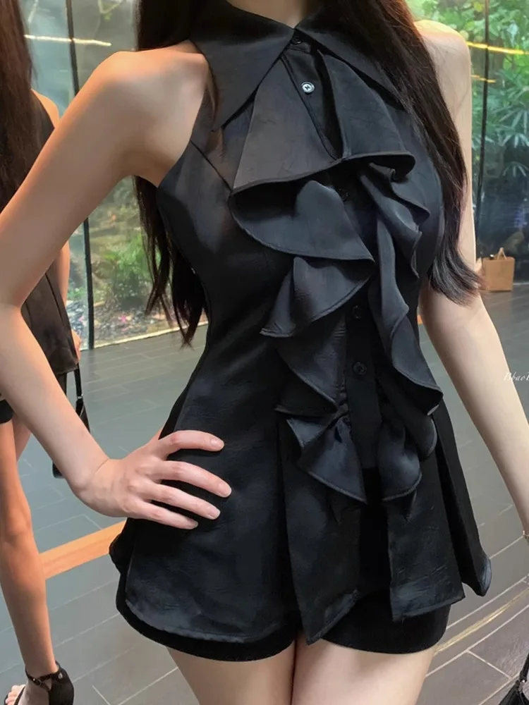 Ruffled เสื้อแขนกุดสีขาวผู้หญิงฤดูร้อนภาษาฝรั่งเศสคํา Elegant Lady ความยาวปานกลาง Slim Tank เสื้อสีทึบ