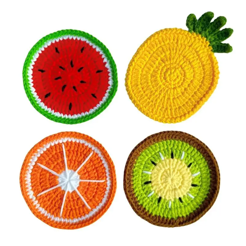 Set Of 4 Cute Crochet Fruit Coaster For Women Funny Coffee Table Decor And Housewarming-AA26