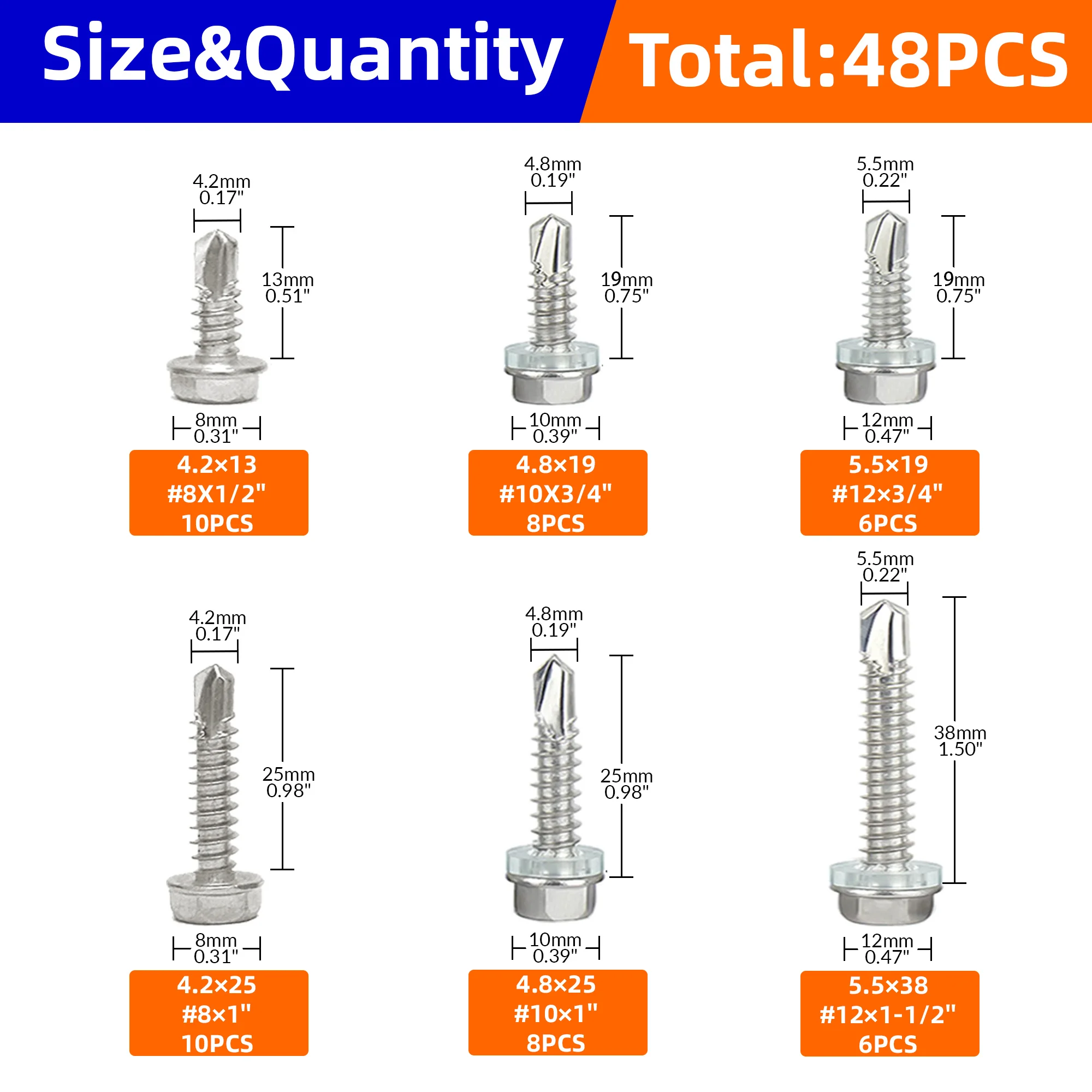 48PCS 410 stainless steel self Tapping TEKS crews Assortment #8#10#12 Hex Head Self Drilling Screws, Rust Proof Wood Screws
