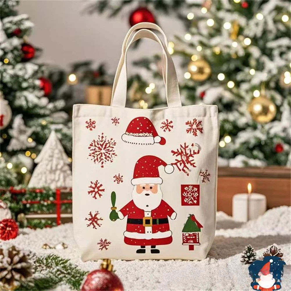 

Christmas Gift Bag Cartoon Santa Claus Elk Xmas Tree Print Canvas Tote Bag Cute Holiday Shopping Bag Happy New Year Xmas Handbag