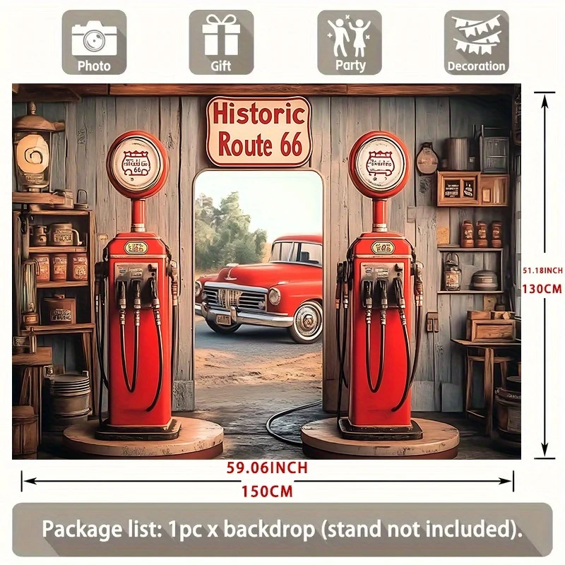 Retro Route 66 Tapestry Wall Hanging Vintage Gas Station Car Theme Banner Weather-Resistant Party Backdrop Nostalgic Home Decor