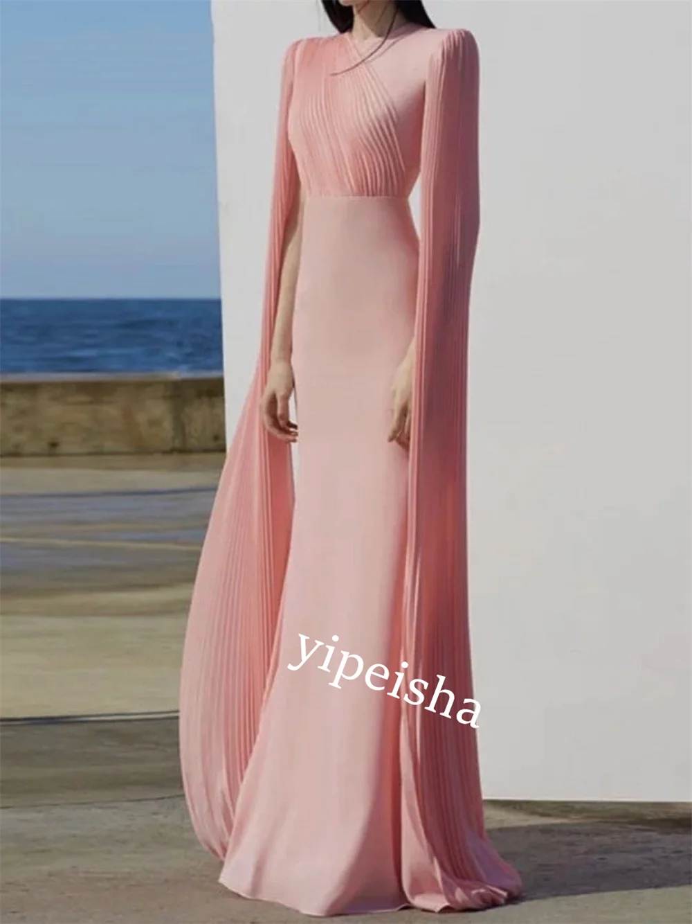  Evening    Jersey Draped Graduation A-line O-Neck Bespoke Occasion Gown Long es Saudi Arabia