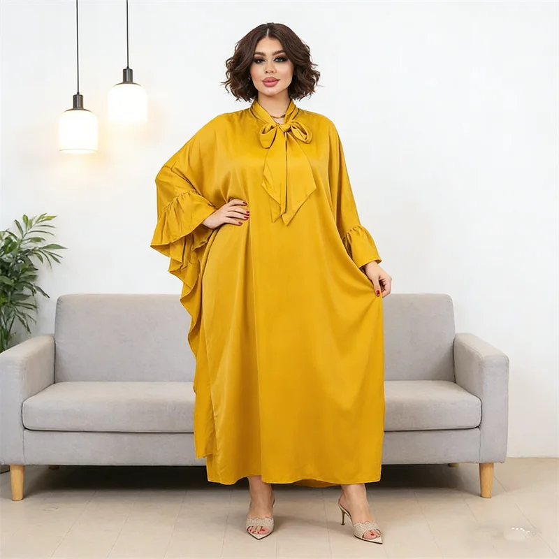 

Платье-абайя для Ид и Рамадана с рукавами «летучая мышь», мусульманское женское платье с оборками, дубайский кафтан, свободный марокканский кафтан, женское мусульманское платье-халат