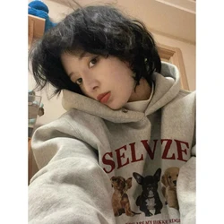 Womens Clothing Vintage Street Sweatshirt Y2K Dog Pattern Pullover Hoodie Long Sleeves Casual Warm Oversize Baggy Ladies Tops