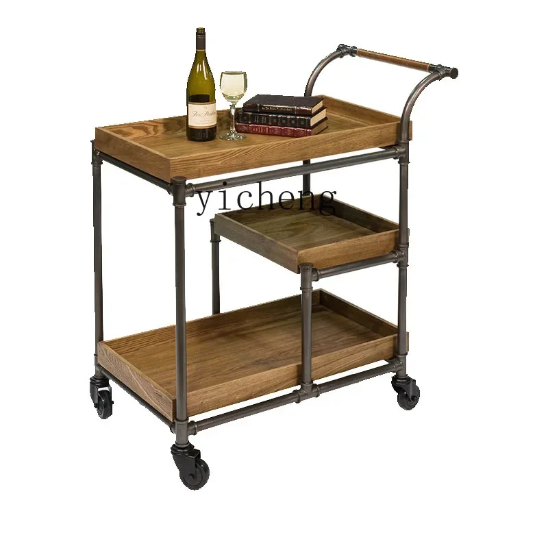 TQH trolley restaurant mobile solid wood trolley dining cart creative meal side tea cart home retro old