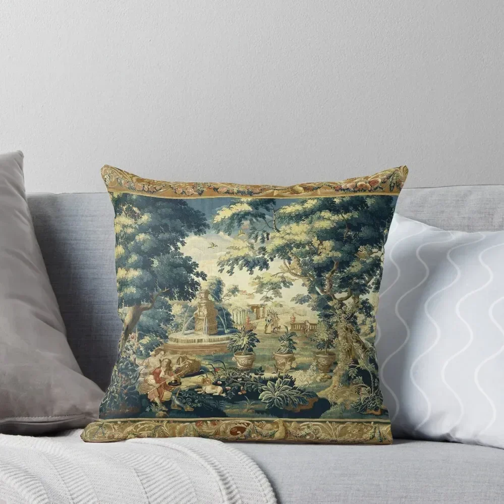 

PARK SCENE WITH TREES,SITTING COUPLE AND HUNTERS IN WOODLAND LANDSCAPE Antique Flemish Tapestry Throw Pillow