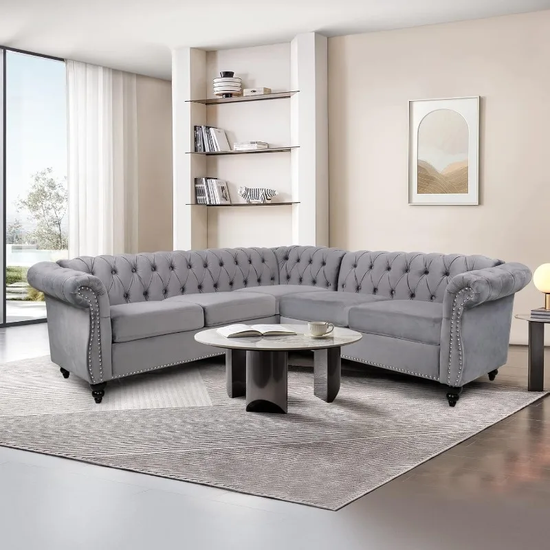 

L-Shaped Sofa, Sectional Chesterfield Couch 5-Seater Velvet Upholstered Small Accent Tufted Sofa with Rolled Armrest