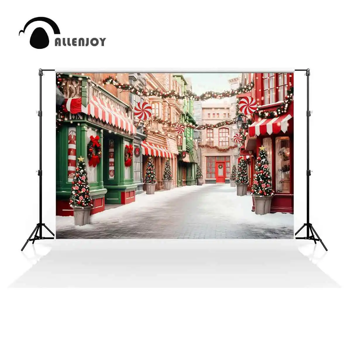 Allenjoy Christmas Peppermint Street Store Backdrop