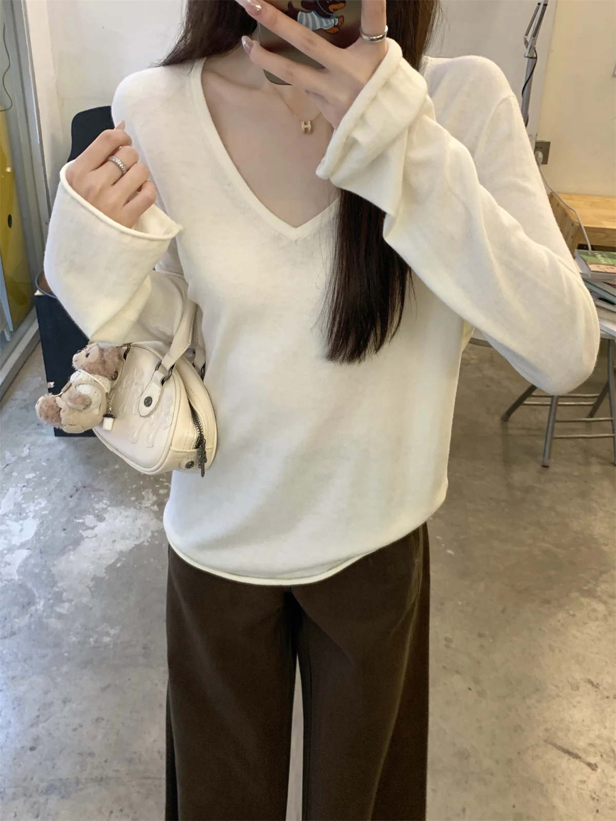 Early Spring Korean Sle Casual Loose Wool Knitted V Ne Long Sve Top Ele Gentle Match All Leisure Wear Polyester Fiber
