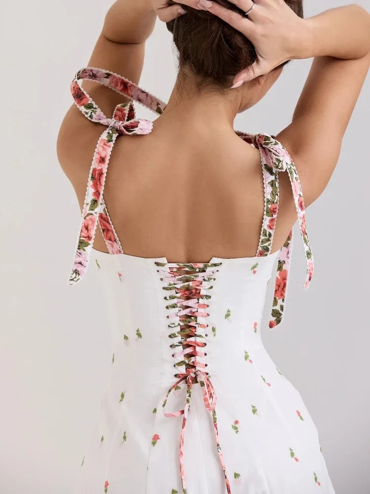 Boho 빈티지 꽃 미디 드레스 여성 화이트 코튼 스트랩 민소매 붕대 직업 숙녀 여름 섹시한 드레스 Vestidos New