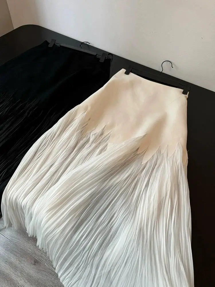 Korean Fashion Evening Dress Elegant Women's Design High Waisted Skirt Women French Retro Long Patchwork Pleated Party Skirt