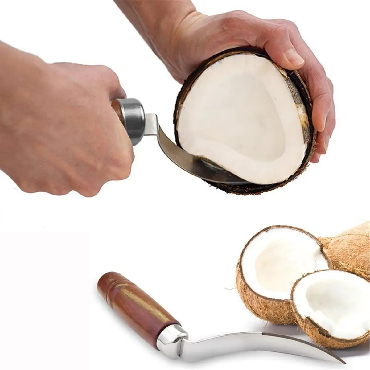 Coconut Opener Tool,Stainless Steel Coconut Puncher & Meat Scraper Knife with Non-Slip Wooden Handle for Fresh