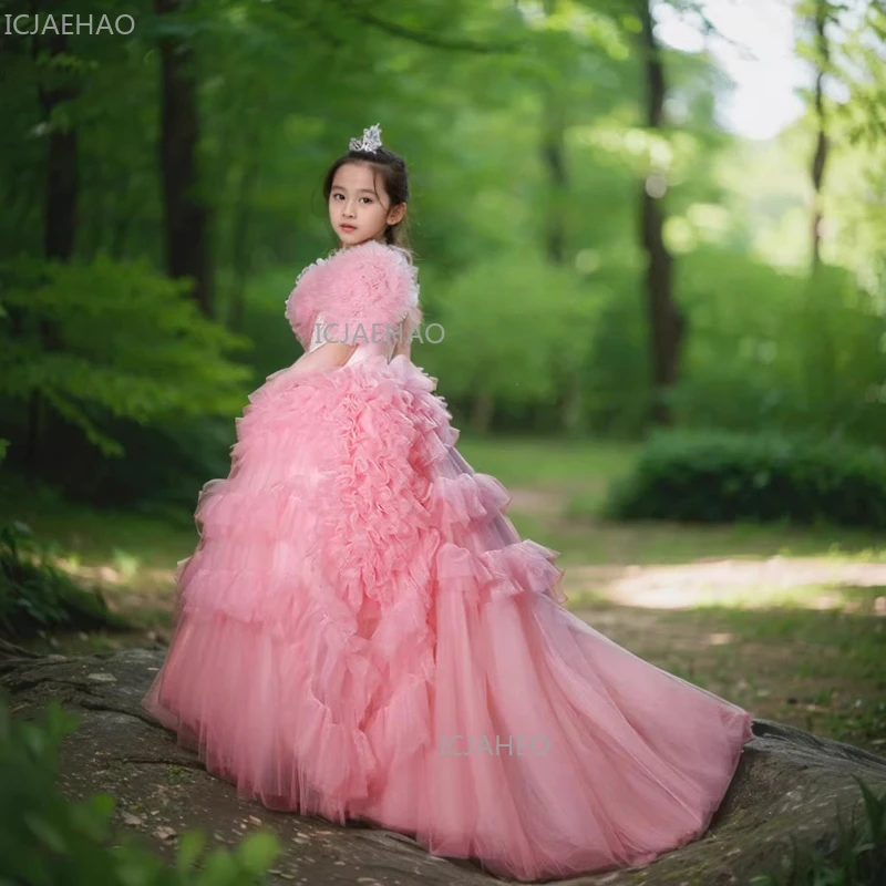 Pink Girls Birthday Dress with Train Puffy Princess Gown Kids Host Performance Formal Party Celebration Gown Children Eid Gifts