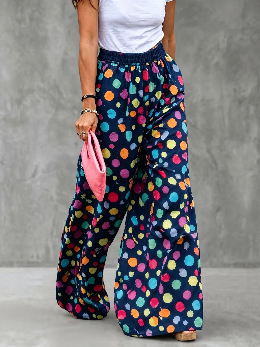 Bonboho 2026 Stylish Women's Casual Pants Colorful Polka Dot Wide Leg Trousers High Waist Relax Fit Flowy Streetwear Pants