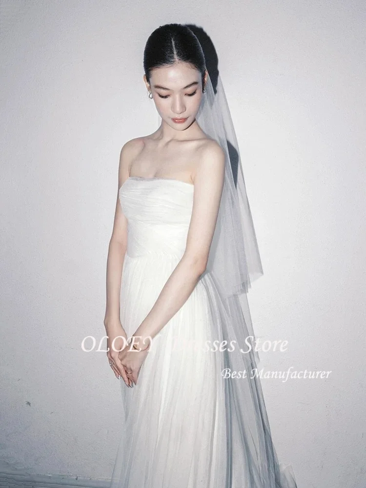 OLOEY Princess A Line Tulle Korea Wedding Dresses Strapless Bride PhotoShoot Dress Customized Floor Length Puffy Long Bride Gown