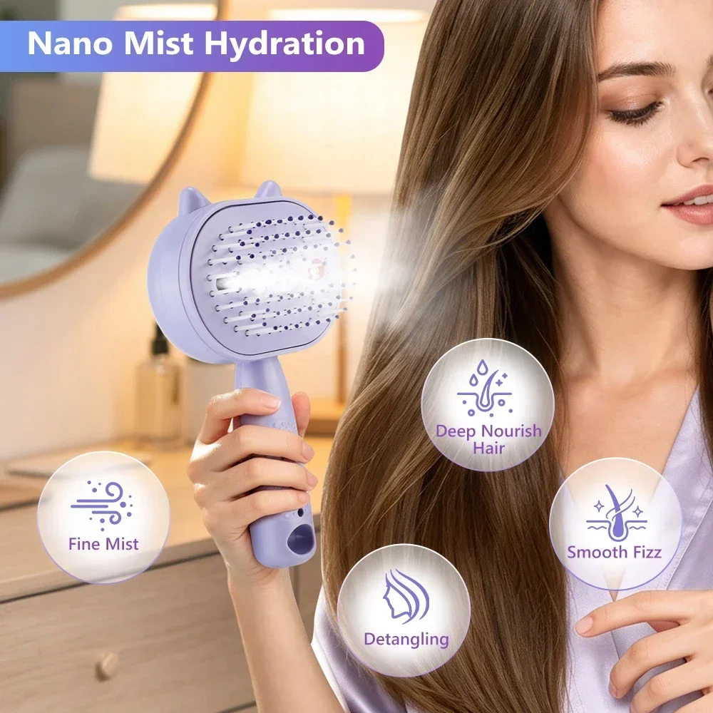 Hair Spray Comb with Red Light, Nano Mist Hair Brush with 10ml Tank, Retractable Bristles for Easy Cleaning & Scalp Massage