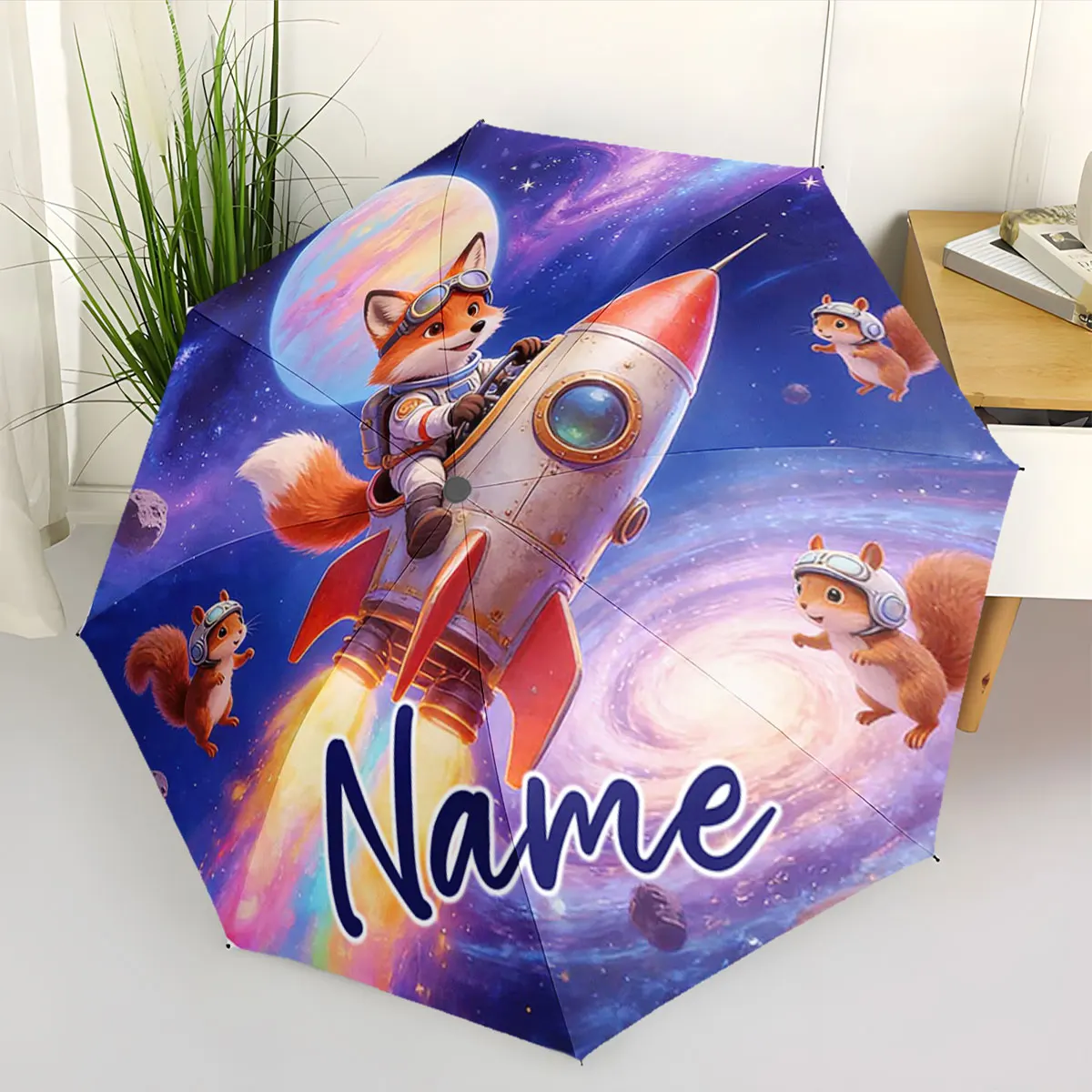 Custom Name Rocket Adventure Fox Umbrella with Colorful Space Design 8 Iron Ribs Folding Umbrella Auto-Open Fashion Sunshade