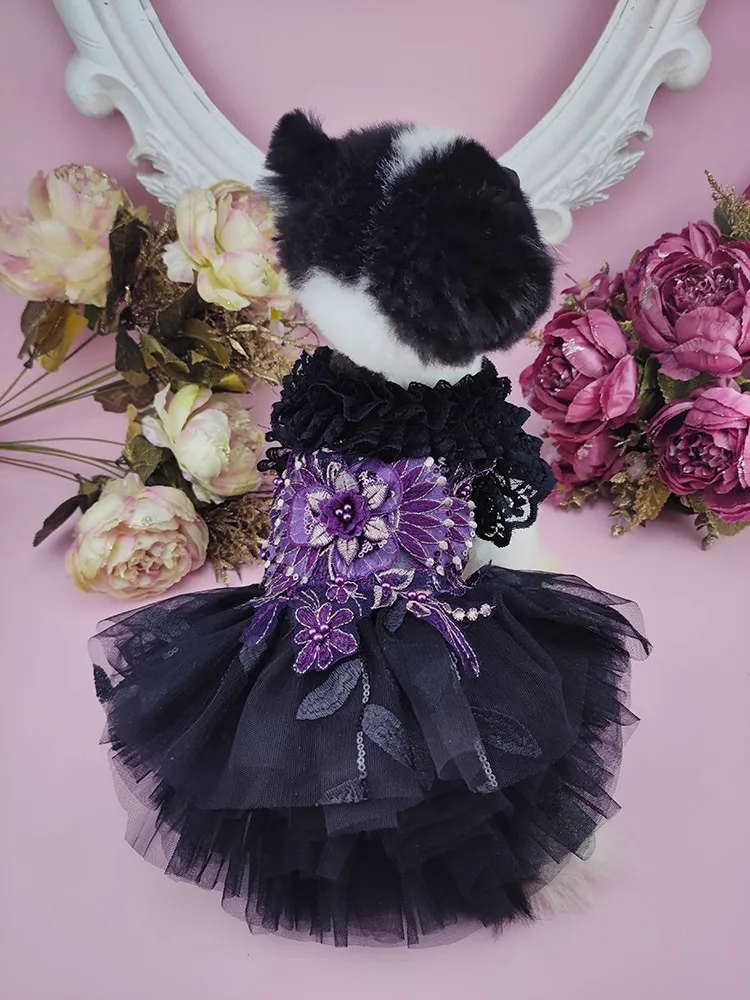 Handmade Dog Clothes Pet Supplies Black Lace Grape Purple Accessories Tulle Puffy Skirt Evening Party Festival Apparel Fur Baby