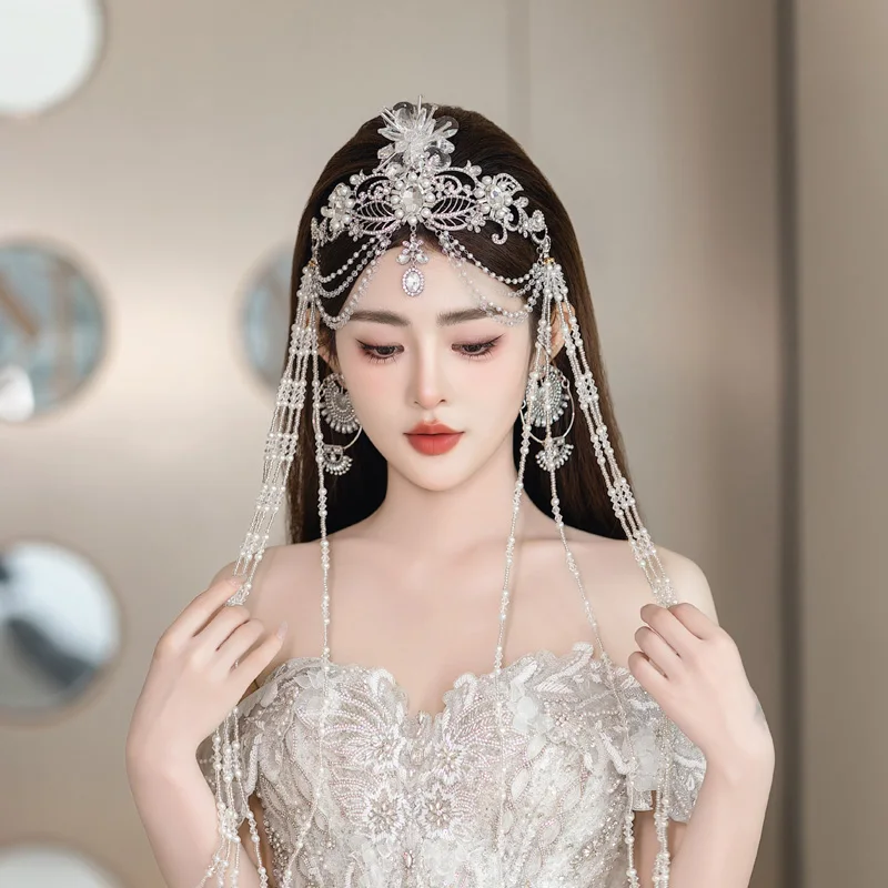 

Bridal headgear fashion temperament silver bead string fringed forehead jewelry beautiful handmade Korean hair accessories set