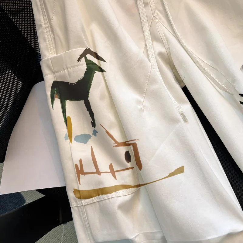 레트로 일본 스타일 와이드 레그 워크웨어 팬츠 남녀공용 여름 미국 스타일 프린트 캐주얼 팬츠